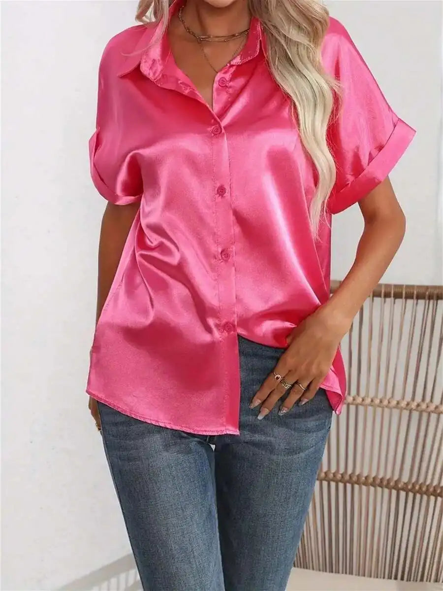 Elegant Turn-Down Collar Button Front Faux Silk Short Sleeve Blouse For Women