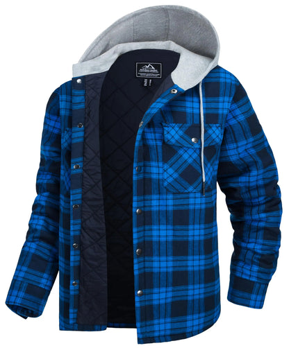 MAGCOMSEN Men's Hooded Flannel Jacket Cotton Autumn Winter Warm Coat Long Sleeve Plaid Shirt