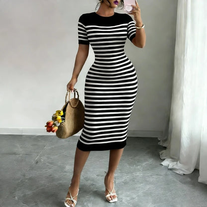 Women's Black Striped Crew Neck Short Sleeve Stretchy Knit Midi Dress Bodycon Sundress Casual Summer Daily Party Dress Outfits