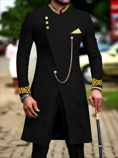 Men's casual two-piece suit set with long sleeves, mid-length jacket and trousers.
