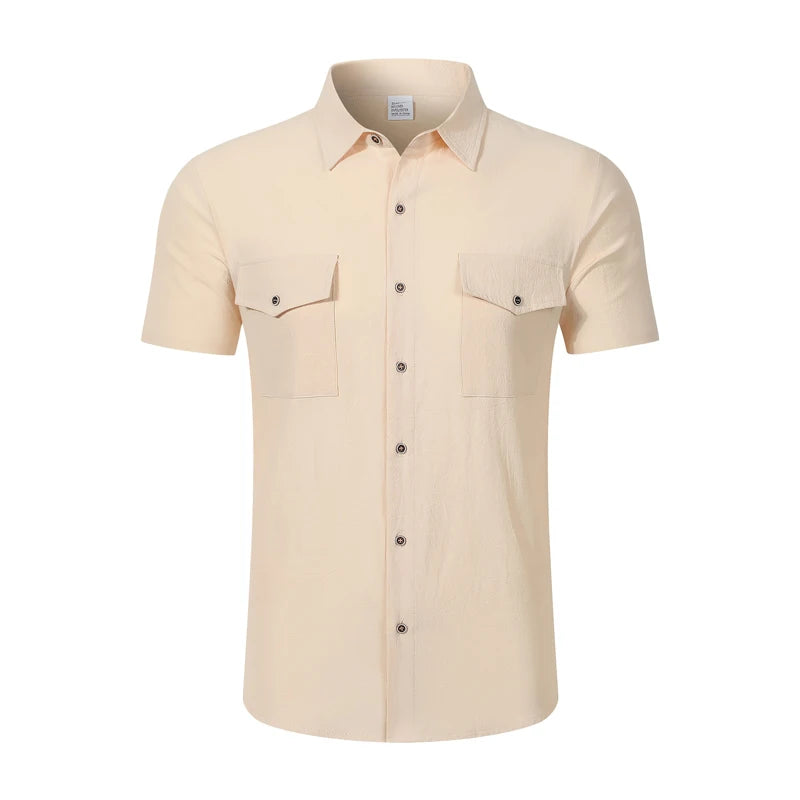 2026 Men's Short Sleeve Linen Blend Shirt Solid Color Loose Casual Tops royal pop swatch devocional café com deus pai Style