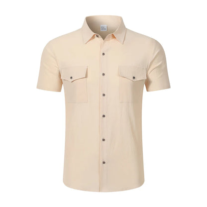 2026 Men's Short Sleeve Linen Blend Shirt Solid Color Loose Casual Tops royal pop swatch devocional café com deus pai Style