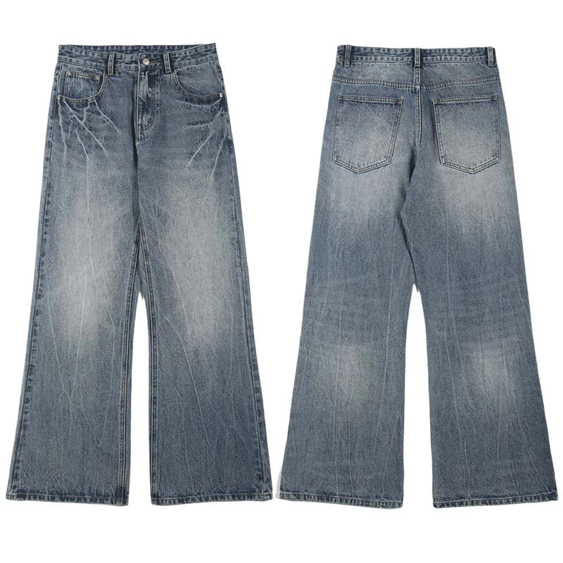 QICHE Men Lightning Crack Wash Flare Jeans American Vintage Loose Trendy Designer Denim Trousers