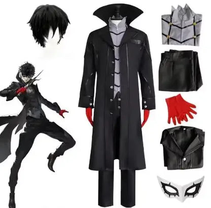 Anime Persona 5 Joker Cosplay Costume Game P5 Rain Palace Lotus Cosplay Full Set of Clothing Glove Mask Black Overcoat Uniform