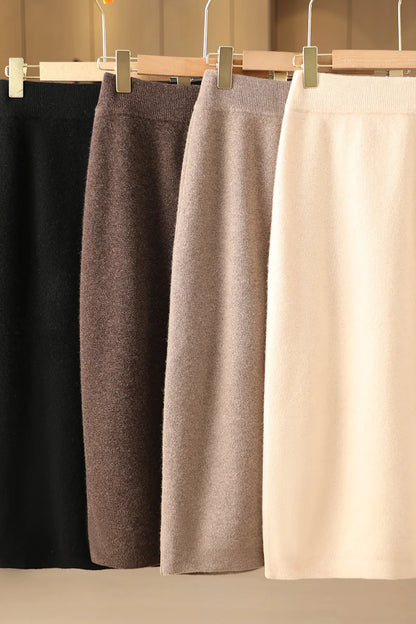 Women Autumn Winter Simplicity Basic 100% Merino Wool Knitted Half-Length Skirt Fashion Solid Soft Comfortable French Style