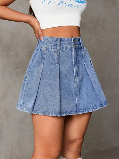 High Waist Pleated Denim Mini Skirt with Button Closure