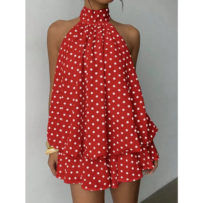 Women White Black Polka Dot Halter Mini Dress Summer Sleeveless Ruffle Tiered Short Dress Elegant Party Clubwear A-Line Vestidos