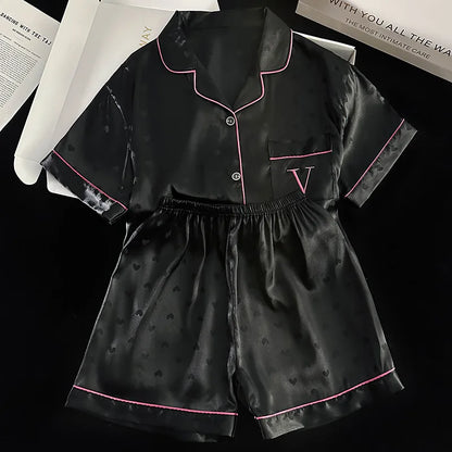 New Luxury Light Heart Ins Style Summer Pajamas for Women, Short Sleeve and Shorts, Ice Silk with Letter Embroidery Homewear Set