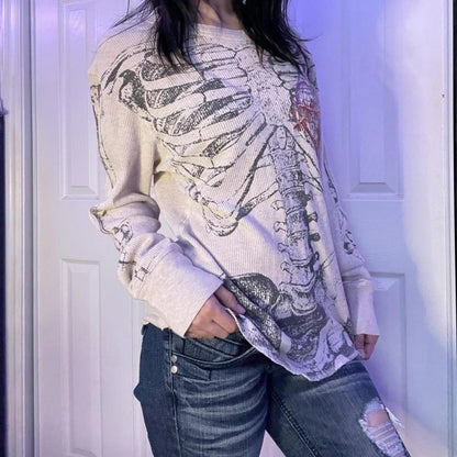 Maemukilabe 00s Retro Y2k Women Tops Harajuku Gothic Skeleton Graphic Printed T shirt Hip Hop Tee Shirt Aesthetic Streetwear