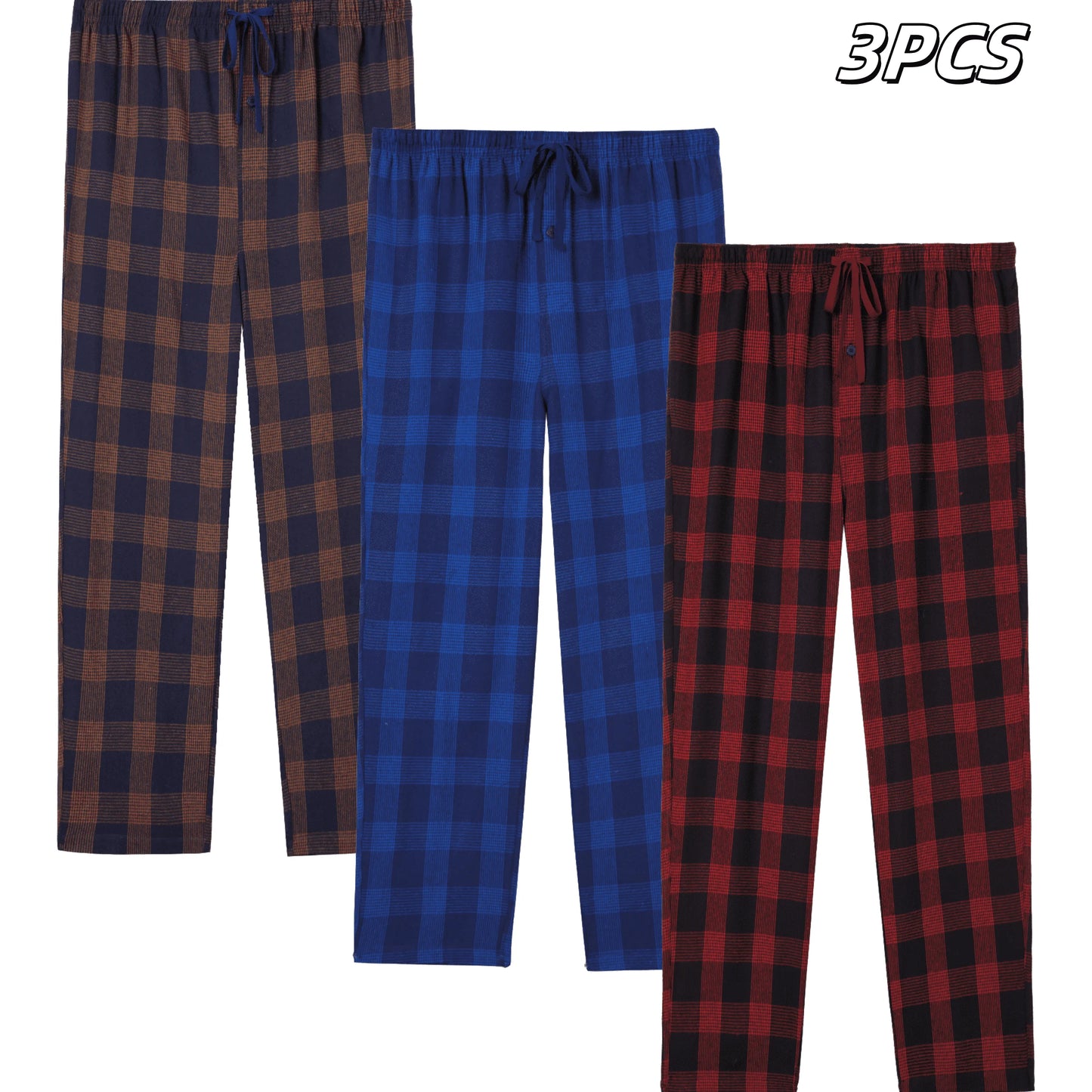 3pcs Men's Pajama Bottoms Autumn/Winter Flannel Plaid Loose Trousers Warm Homewear Pants Male Soft with Pockets Sleepwear