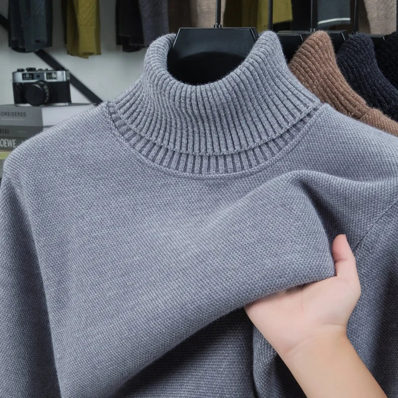Luxury Man Long-Sleeved Knitwear High Neck Fleece-Lined Thickened Solid Color European American Style Sweater Leisure Men's Wear