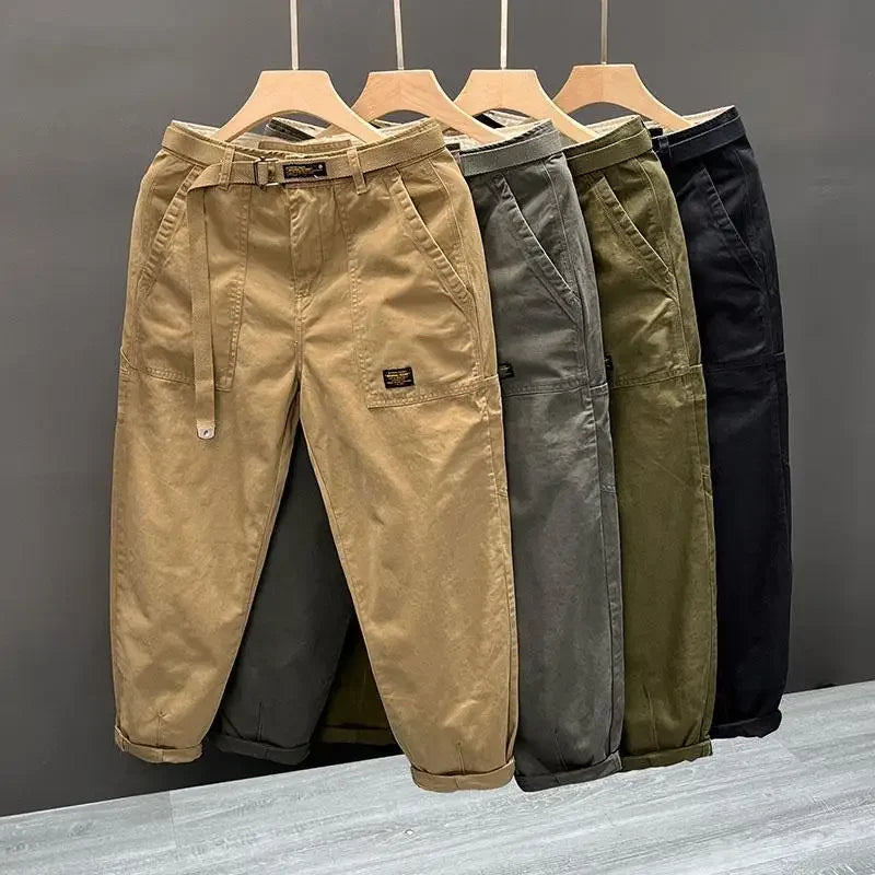 Autumn Summer Wide Leg Cotton Work Trousers Men's Cone Straight Loose Wear Resistant Pocket Pants Retro Wash Casual Workwear