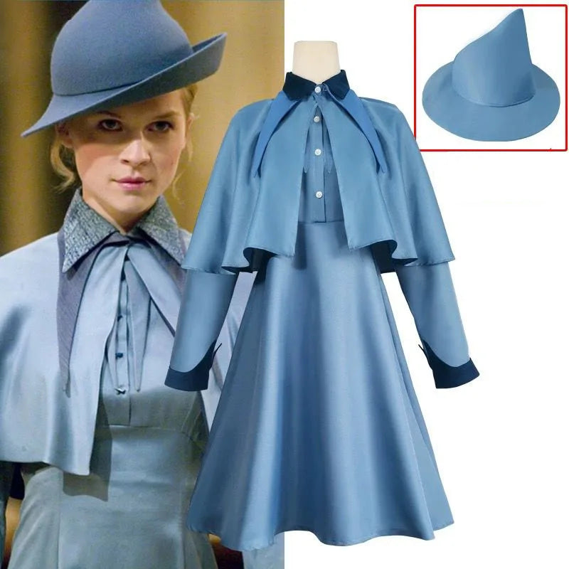 Wizard School Witch Fleur Isabelle Delacour Cosplay Costume Beauxbaton Magic Women School Uniform Hat Dress Suit Halloween