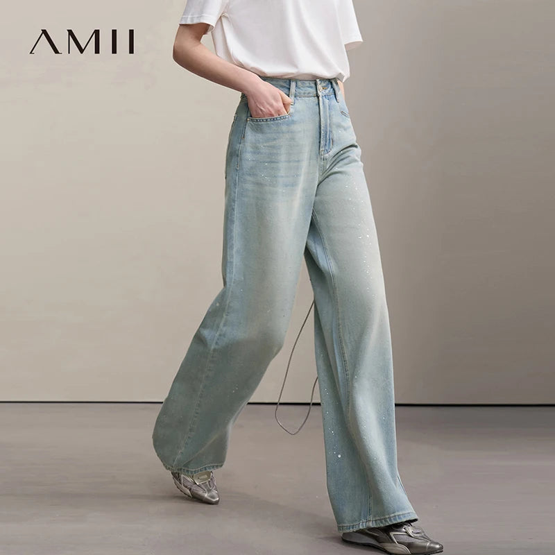 Amii Women's Jeans 2026 Summer New Casual Cotton Wide Leg Pants Silver Foil Print Versatile Loose Fit Denim Trousers 12652046