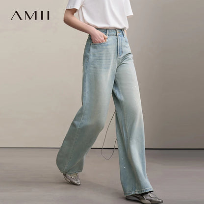 Amii Women's Jeans 2026 Summer New Casual Cotton Wide Leg Pants Silver Foil Print Versatile Loose Fit Denim Trousers 12652046