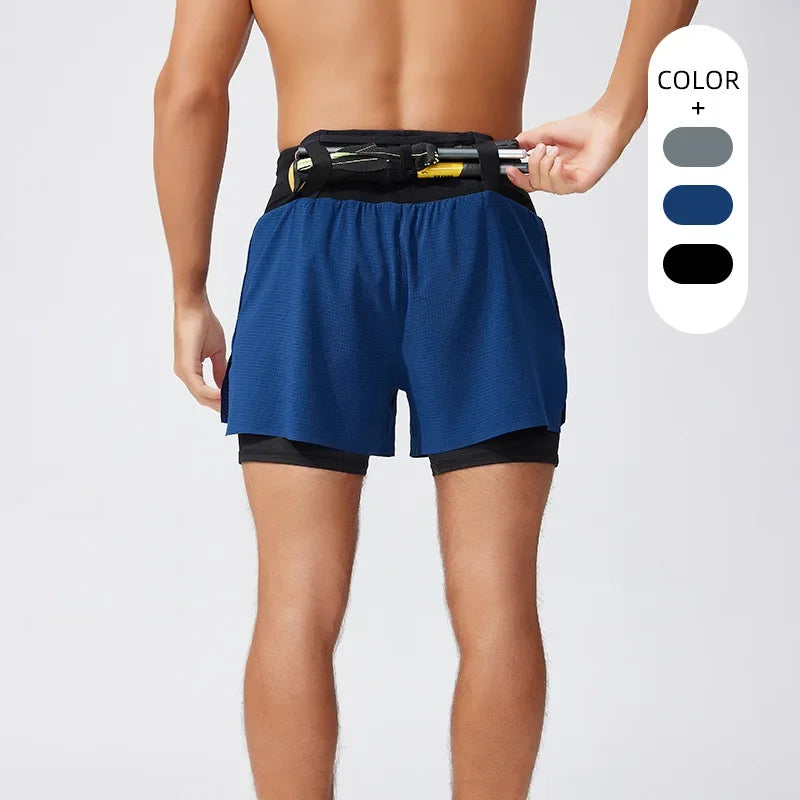 Double Deck Sports Shorts Men 2 in 1 Marathon Fitness Running Shorts Male Short Gym Man Basketball Workout Pants Multi-pocket