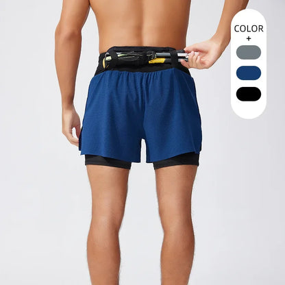 Double Deck Sports Shorts Men 2 in 1 Marathon Fitness Running Shorts Male Short Gym Man Basketball Workout Pants Multi-pocket