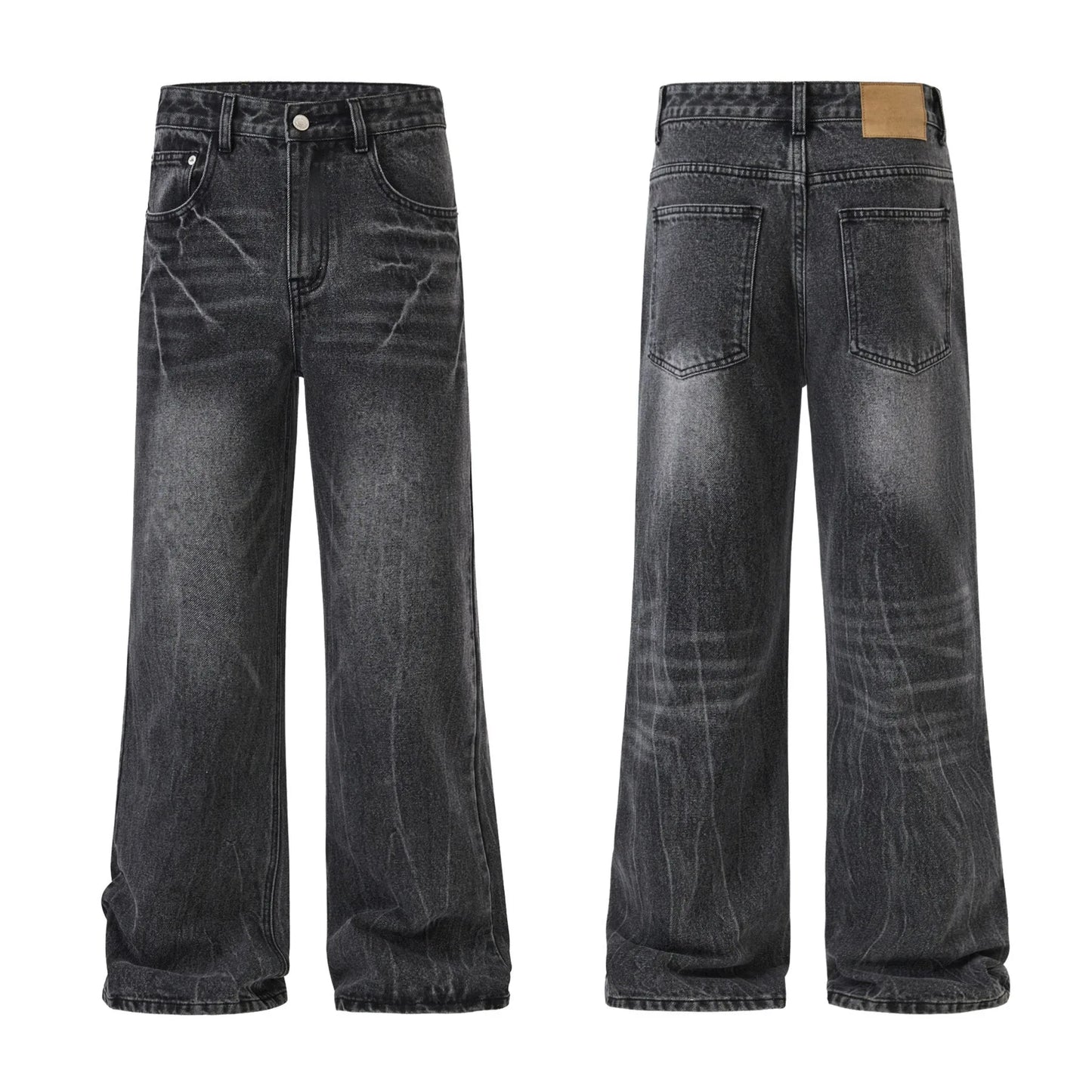 QICHE Men Lightning Crack Wash Flare Jeans American Vintage Loose Trendy Designer Denim Trousers