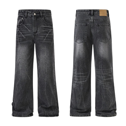 QICHE Men Lightning Crack Wash Flare Jeans American Vintage Loose Trendy Designer Denim Trousers