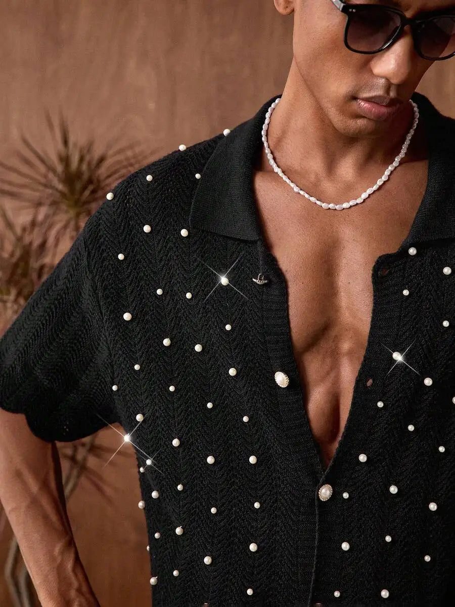 Mens Black Knitted Pearl Decor Casual Shirt Short Sleeve Button Up Summer Party Wear