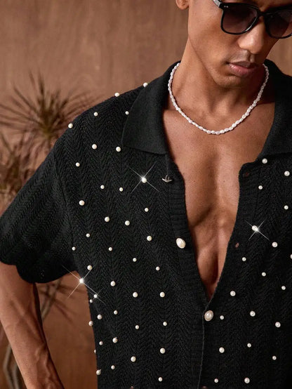Mens Black Knitted Pearl Decor Casual Shirt Short Sleeve Button Up Summer Party Wear