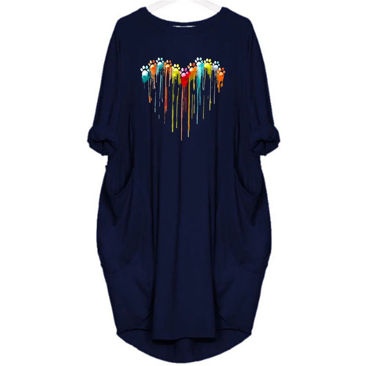 Women's Spring and Summer Footprint Heart Printed Casual Fashion Loose Large Size Long Sleeve Pocket Dress