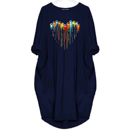 Women's Spring and Summer Footprint Heart Printed Casual Fashion Loose Large Size Long Sleeve Pocket Dress