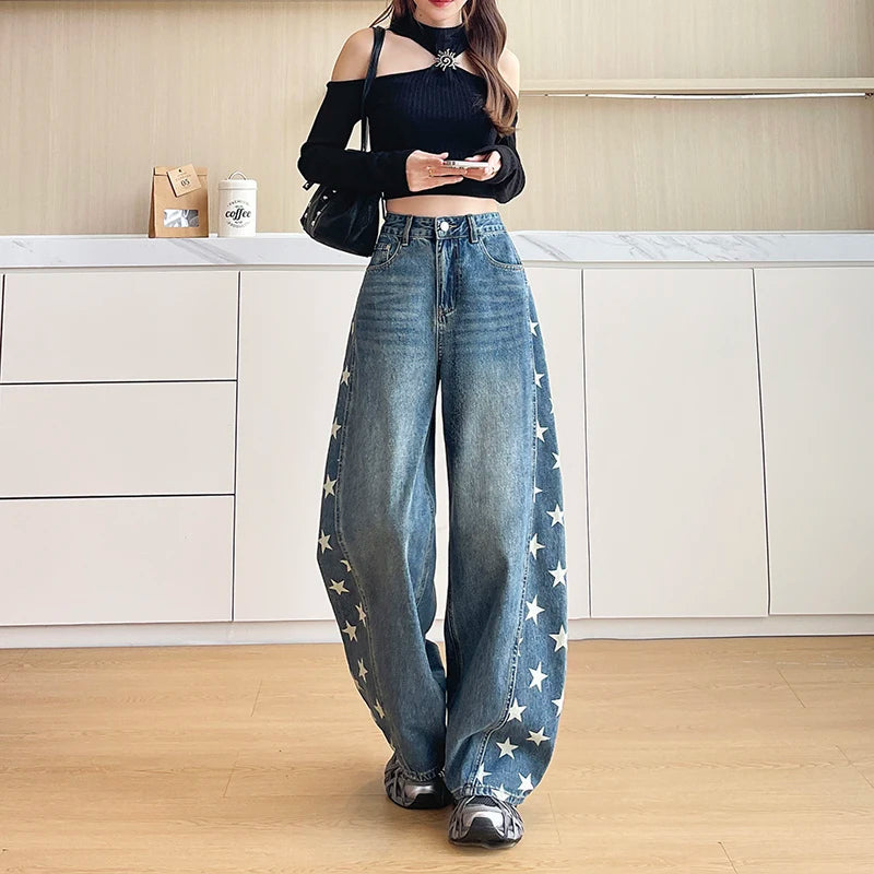 Korean Style Women's Loose Elastic Denim Pants Y2K American Retro Early Spring Fashion Wide Leg Jeans for Ladies