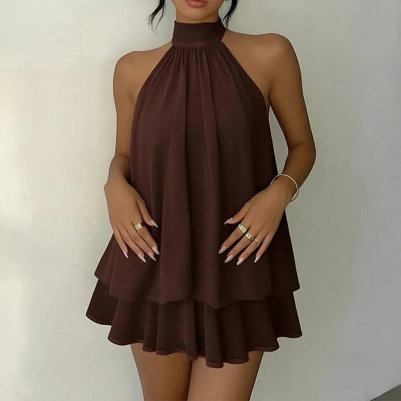 2026 Women's Elegant Halter Neck Sleeveless Ruffled Layered Chiffon Mini Dress Casual Summer Party Dress for Beach Vacation Y2K