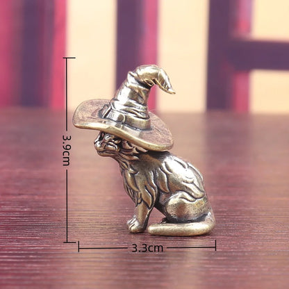 Handmade Solid Brass Magic Witch Cat Ornament Retro Wizard Hat Kitty Statue Home Office Shelf Mini Decor Halloween Gift For Cat Fans