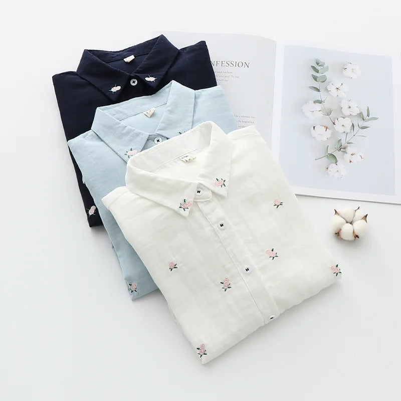2026 Spring Autumn New Fresh Cotton Yarn Ladies Long Sleeve Shirt Flower Embroidered Women's Casual Shirt Female Blouse Clothes