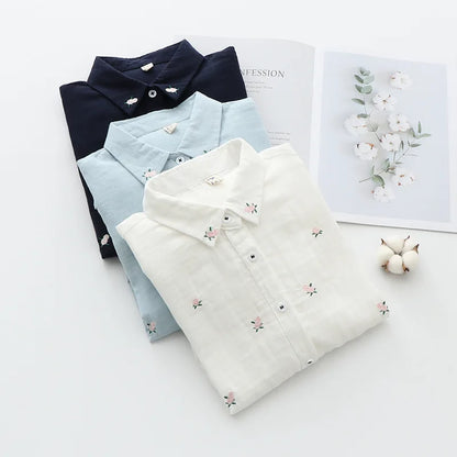 2026 Spring Autumn New Fresh Cotton Yarn Ladies Long Sleeve Shirt Flower Embroidered Women's Casual Shirt Female Blouse Clothes