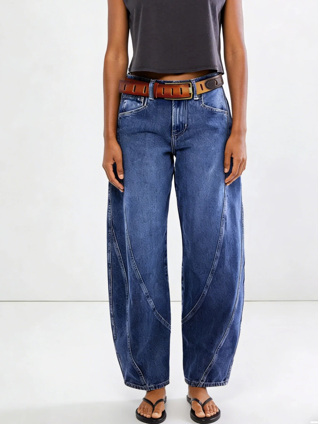American-style retro curved splicing women's jeans with brown belt + vintage washed, lazy-style figure-flattering jeans