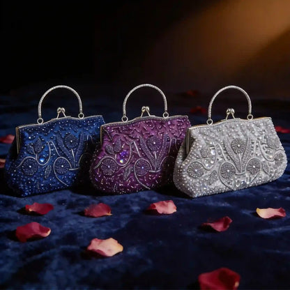 Evening Clutch Bag Handmade Beaded Floral Party Purse with Kiss Lock & Strap Glass Beads Polyester Blue Purple Grey