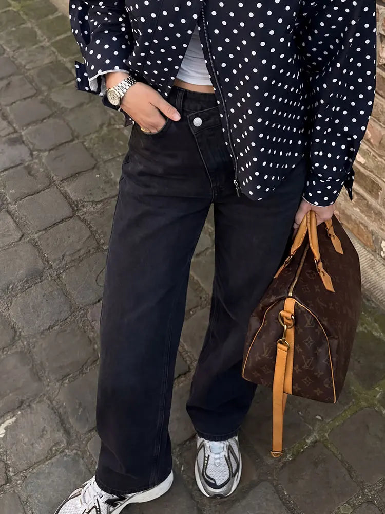 HH Women Vintage Cross Waist Wide Leg Jeans High Waist Asymmetrical Button Fly Baggy Denim Pants For Retro Street Style