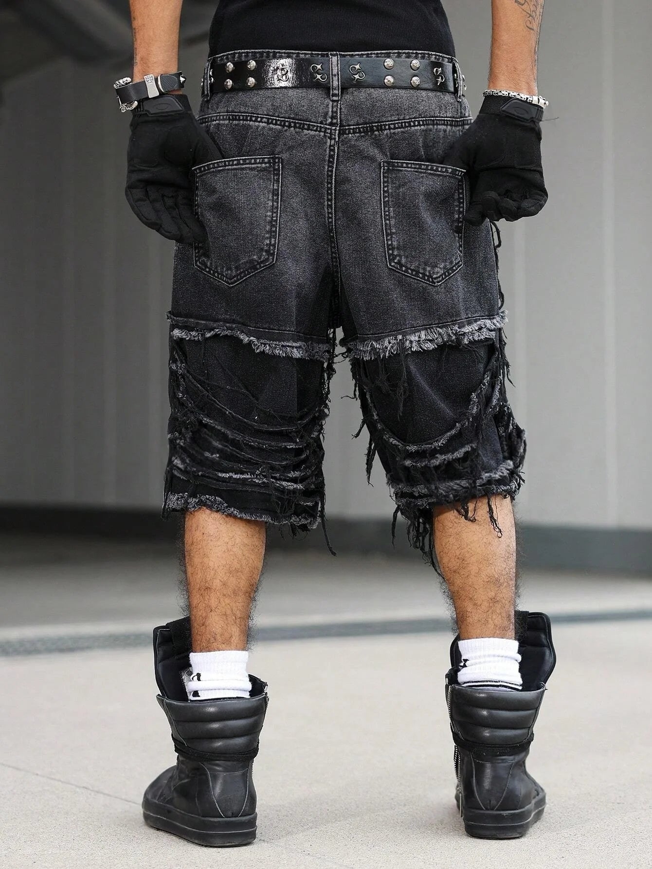 Men's Gothic Vintage Aesthetic Black Washed Ripped Denim Shorts, Summer Trendy Loose Raw Edge Fringed Five-Point Pants