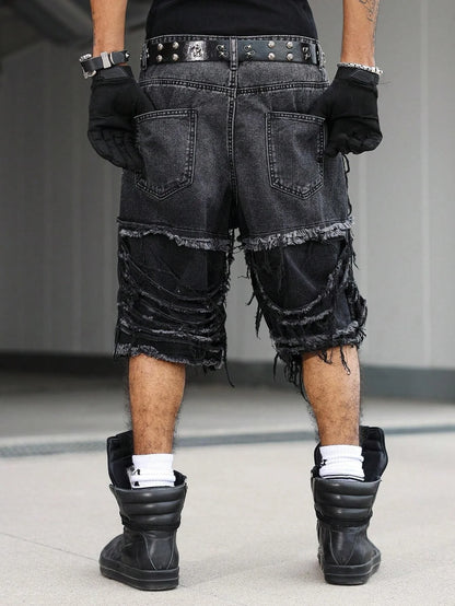 Men's Gothic Vintage Aesthetic Black Washed Ripped Denim Shorts, Summer Trendy Loose Raw Edge Fringed Five-Point Pants