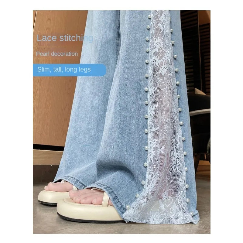 Tennis Lace Pearl Wide Leg Jeans for Women2025New summer thin style fashionable loose hollow straight-leg pants