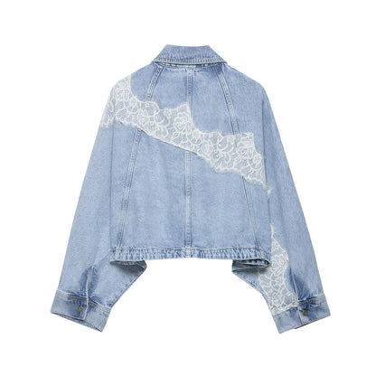 Willshela Women Fashion Denim Lace Patchwork Single Breasted Jackets Vintage Lapel Neck Long Sleeves Female Chic Lady Outfits
