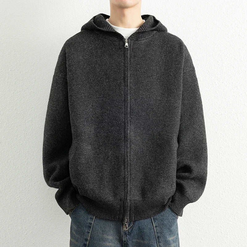 Legible Autumn Winter Casual Sweaters Men Solid Color Hooded Sweatercoats Male Loose Zip-up Knitted Cardigan Man