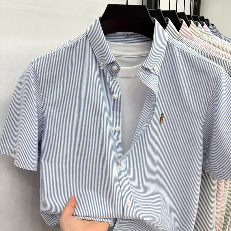 High End Brand Embroidered Striped Shirt Men's Short Sleeved Lapel Business Breathable Shirt Summer New Pure Cotton Jacket