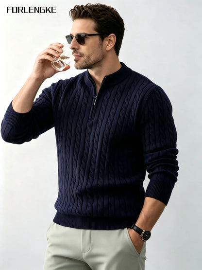 FORLENGKE Men's Business Casual Half Zip Mock Neck Cable Knit Sweater, Soft Warm Acrylic Long Sleeve Pullover for Fall Winter Of
