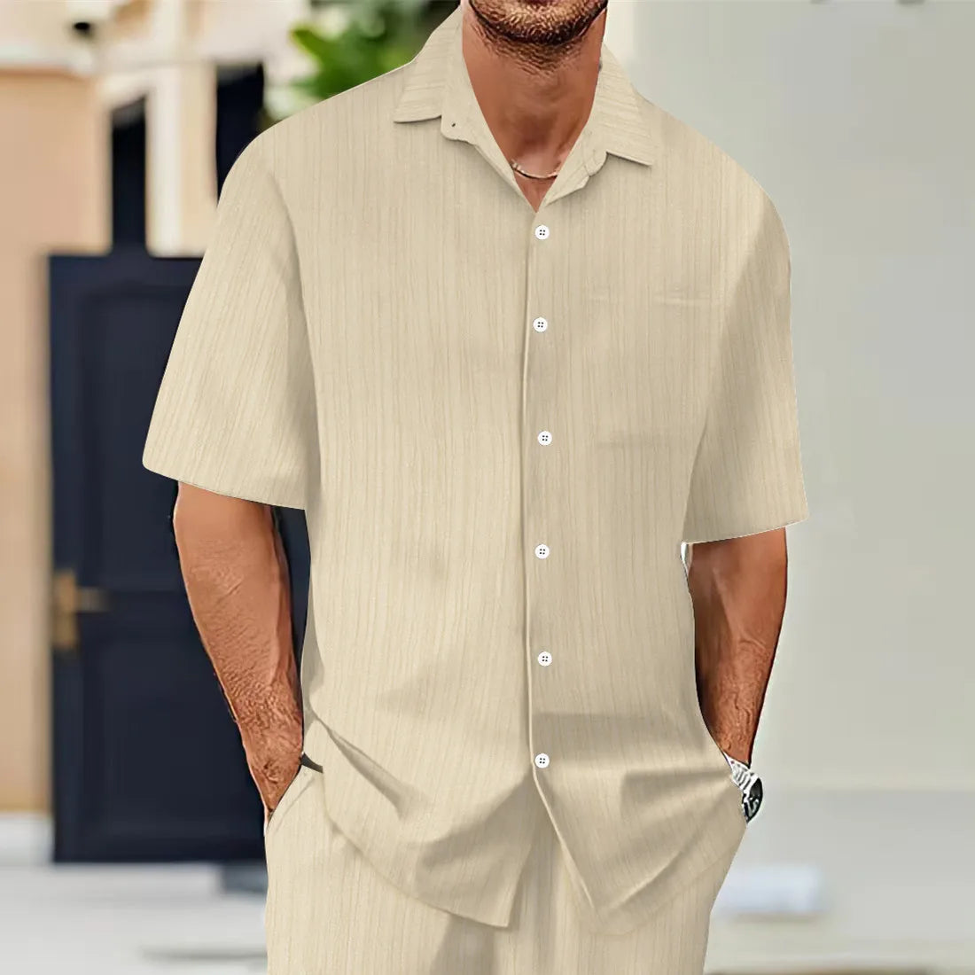 Hot Sale Men's Short-Sleeved Shirts Summer Solid Color Turn-down collar Casual Beach Style Plus Size