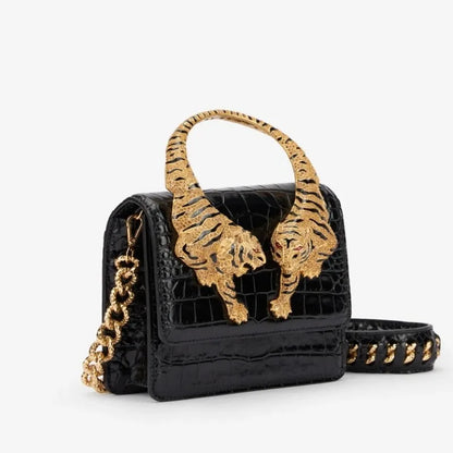 Roar Croc Embossed Handbag Women Genuine Crocodile Scale-effect Leather Signature Tiger Motif Crystal Embellishment Shoulder Bag