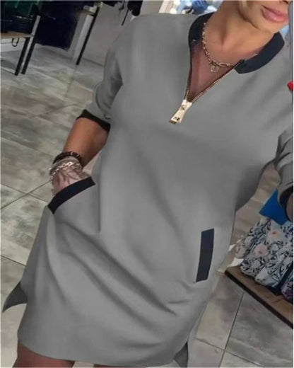 2024 Women's Dress V-neck Zipper Three-quarter Sleeve Elegant Casual Dress New Women's Leisure Suit