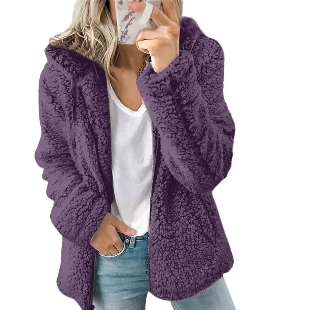 2024 New Women's Hooded Tweed Velvet Autumn and Winter Tops Jacket