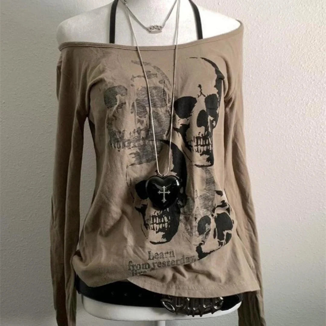 Street Hottie Grunge Harajuku Skull Printed Vintage T-shirts Women Y2k Aesthetics Bodycon Casual Tees Off Shoulder Punk Tops