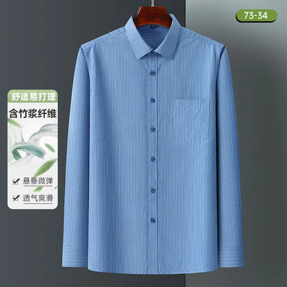 Bamboo Fiber Mens Business Shirt Long Sleeve Casual Plaid Print Stripe Fashion Anti-Wrinkle Button Up Social Oversized S-7XL 5XL
