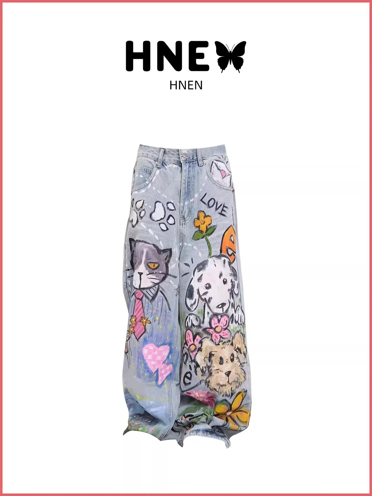 Doodle-printed Jeans American Casual Style Vintage Straight-cut Loose-fitting High-street Wide-leg Pants Y2k Baggy Jeans Ladies