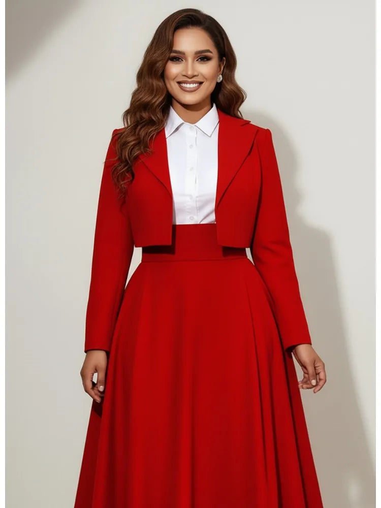 Freeacy 2026 New Women's Solid Red Cropped Blazer Notch Lapel Long Sleeves Cardigan Jacket Formal Suit Jacket Outerwears